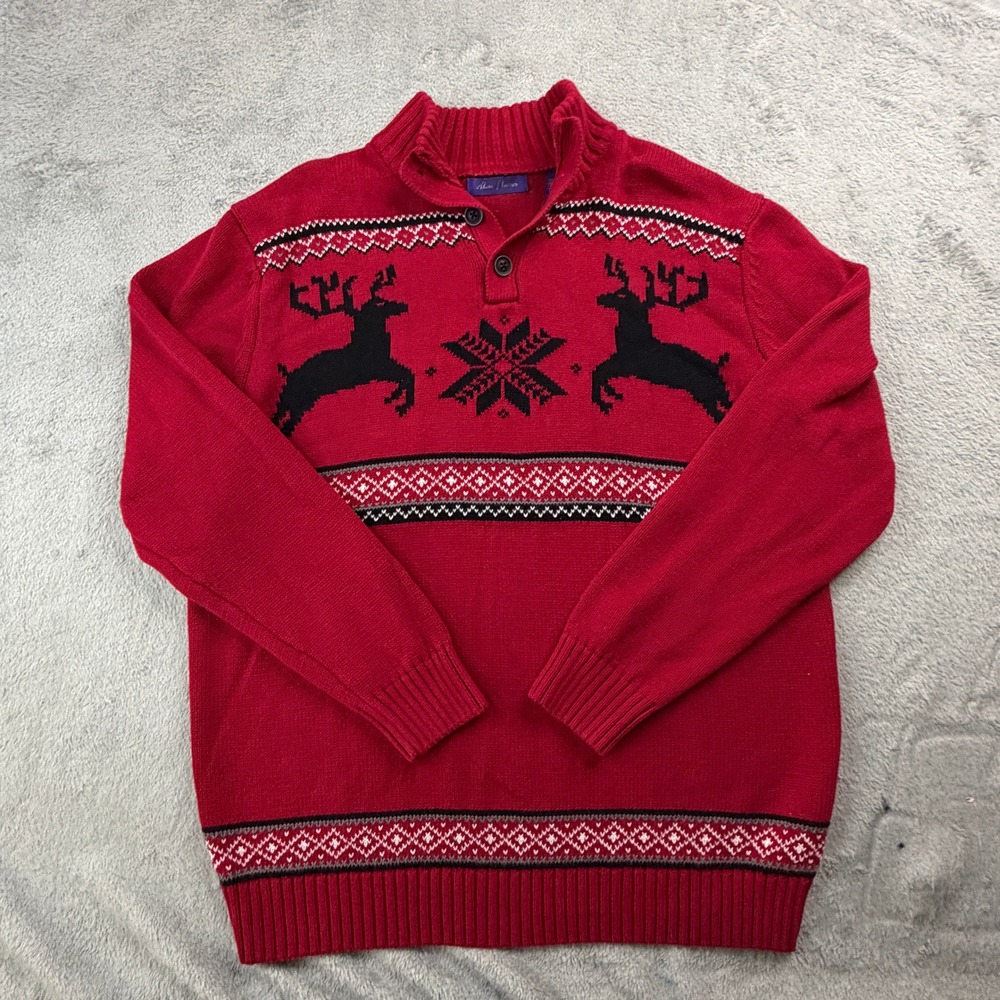 Alan Flusser Mens Red Reindeer Fair Isle Cotton Quarter Button Sweater Large